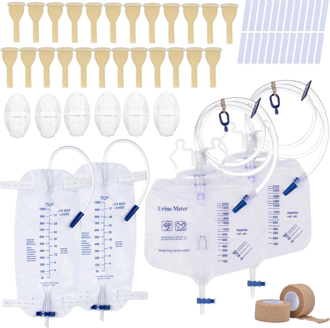 External Condom Catheter for Incontinence for Elderly Men,24pcs 25mm Soft Latex Sets,2 pcs 1000ml Leg Bags,2 pcs 2000ml Urine Bags 6pcs Stabilization Device with 2 Rolls of Tape Male