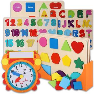 Wooden Puzzles for Toddlers and Rack Set - (3 Pack) Bundle with Storage Holder Rack and Learning Clock - 3 in 1 Kids Educational Preschool Peg Puzzles  Alphabet, Letters, Numbers and Shapes
