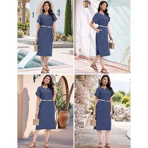 Kopinma Womens Casual T Shirt Dress Summer Fall Crewneck Loose Fit Side Split Knee Length Dress Ribbed Pattern with Pockets S