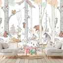 Kids Tree Wallpaper Mural Cute Animals Plants Birds Wallpaper for Nursery Boys Girls Bedroom Living Room (Not Self-Adhesive) (149" x 107")