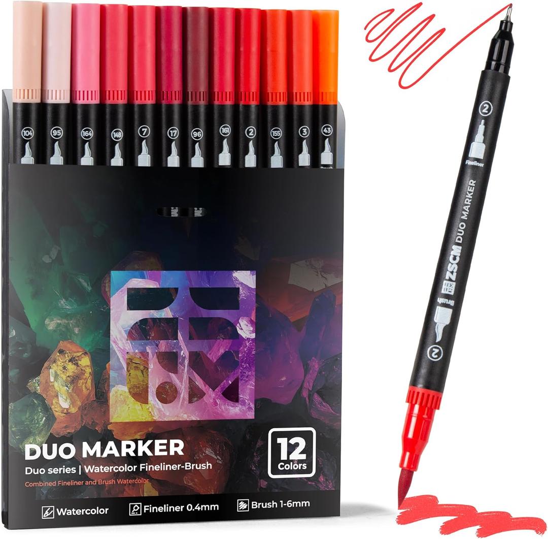 Red Duo Tip Marker Pens, 12 Pack Fine & Brush Markers for Adult Coloring Books No Bleeding, Vibrant Red Markers for Holiday Cards, Bold Lettering, Attention-Grabbing Highlights and Logos