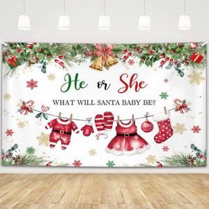 2 x MEHOFOND 6x3.6ft Christmas Gender Reveal Backdrop Banner, Santa Baby Gender Reveal Party Decor, He or She Xmas Boy or Girl Winter Snowflake Newborn Party Photo Props