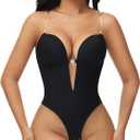 SHAPSHE Backless Shapewear Strapless Deep V Bodysuit for Women Short Torso Tummy Control Built In Bra Body Shaper (X-Large, Black)