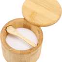Natural bamboo Salt and Pepper Bowl, Bamboo Salt Cellar and Spices Storage Box With Built-in Spoon and Magnetic Swivel Lid (Single Compartment)