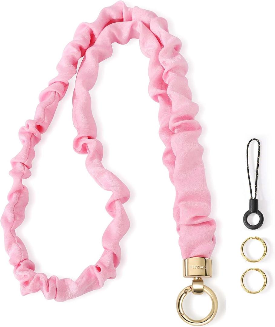WEESMILE Stretchy Scrunchie Lanyard for ID Badges  Cute Neck Lanyard for Keys | Retractable Keychain Holder for Women (Pink)