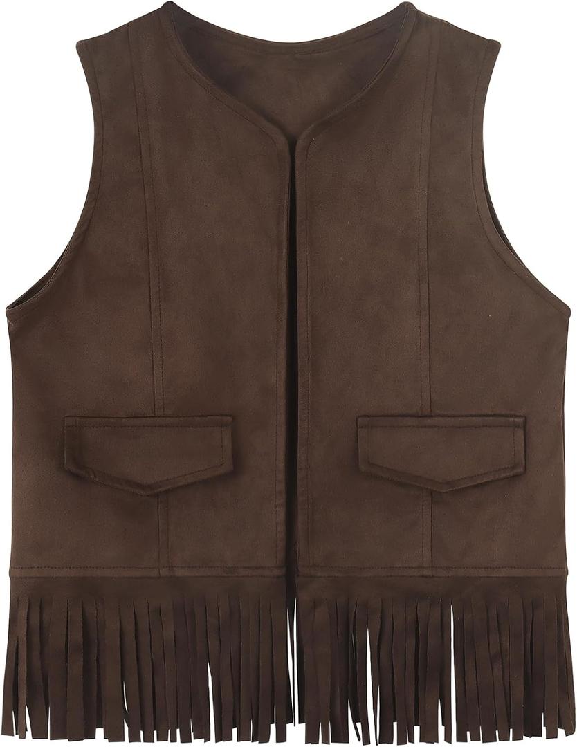 Spring&Gege Kids Suede Fringe Vest 70s Cowgirl Cowboy Western Faux Tassels Jacket Cardigan, Brown, Size 7-8 Years L