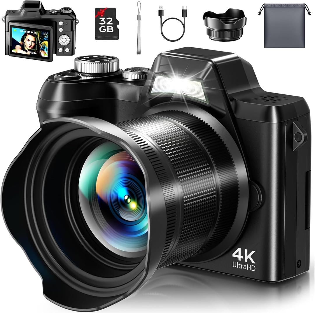 4K Digital Camera for Photography, Autofocus 56MP Vlogging Camera for YouTube/Content Creators/Travel, 16X Zoom Video Camera with 3" 180Flip Screen & Lens Hood, Gift Ideas for Teens & Beginners