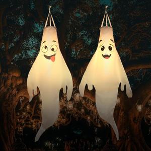 Halloween-Decorations-Outdoor Hanging-Ghost Windsocks for Trees with Timer, LED Ghosts to Hang in Tree Porch Yard, Waterproof, Timer,2 Pcs (No Batteries)