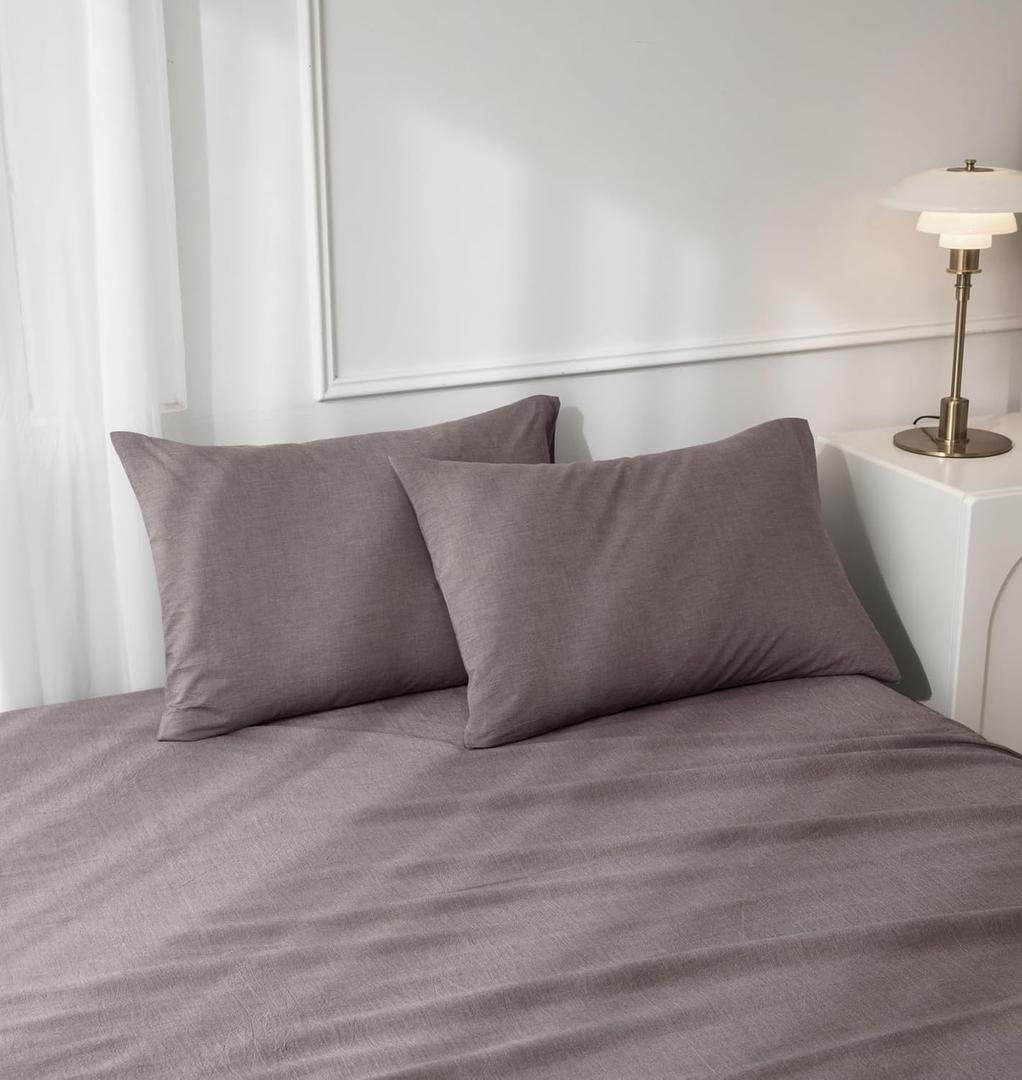 JIYUAN Standard Size Pillowcases, Set of 2-100% Washed Cotton with Envelope Closure, Linen-Like Textured, Soft, Breathable & Durable for All Seasons,Heathered Mauve Brown