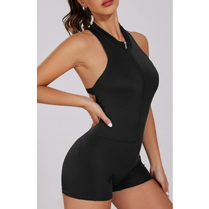 YOFIT Women Sexy Zip Up Jumpsuit Workout Romper Sleeveless Bodycon One Piece Bodysuit, Black, Medium