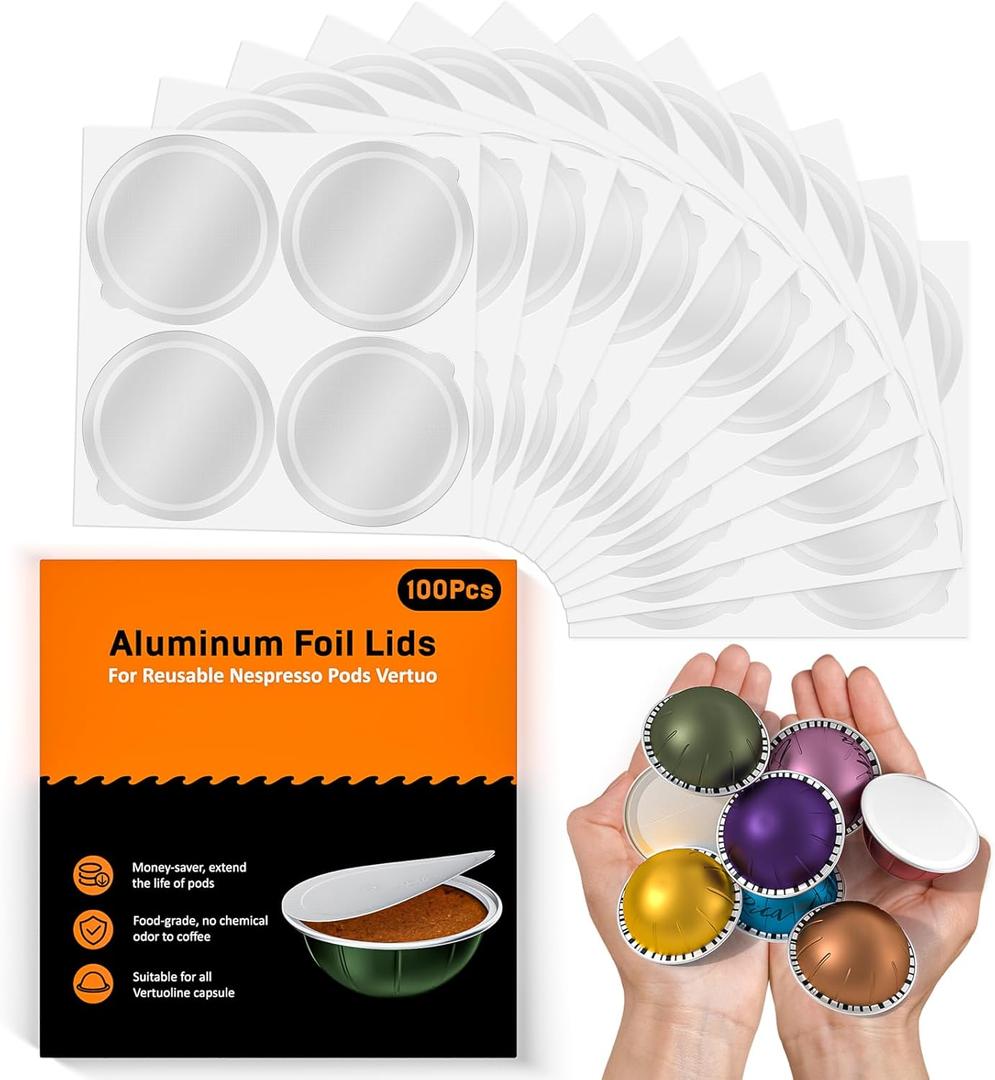 Aluminum Foil Lids for Reusable Nespresso Vertuo Pods, 100 PCS Reusable Foil Seal Cover for Refill Espresso Coffee Capsule, Compatible with Nespresso Vertuo Machine