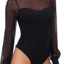 Women's Bodysuit Mock Neck Sheer Mesh Long Sleeve Tops Ribbed Sexy Bodysuits Jumpsuit (Black) XL