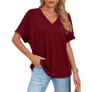 Tankaneo Womens Oversized T Shirts V Neck Loose Fit Rolled Short Sleeve Summer Casual Tee Tops, L/XL