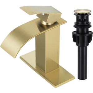 Qomolangma Waterfall Bathroom Faucet, Brushed Gold Modern Single Handle Bathroom Faucets for 1 or 3 Hole Bathroom Sink Faucet Mixer Tap Washbasin Faucet with Deck, Pop-up Drain and Supply Hoses