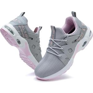 LANSNBO Steel Toe Shoes for Women Indestructible Safety Work Shoes Air Cushion Lightweight Breathable Utility Sneakers Puncture Proof Slip Resistant Composite Toe Footwear, 9, Grey,pink