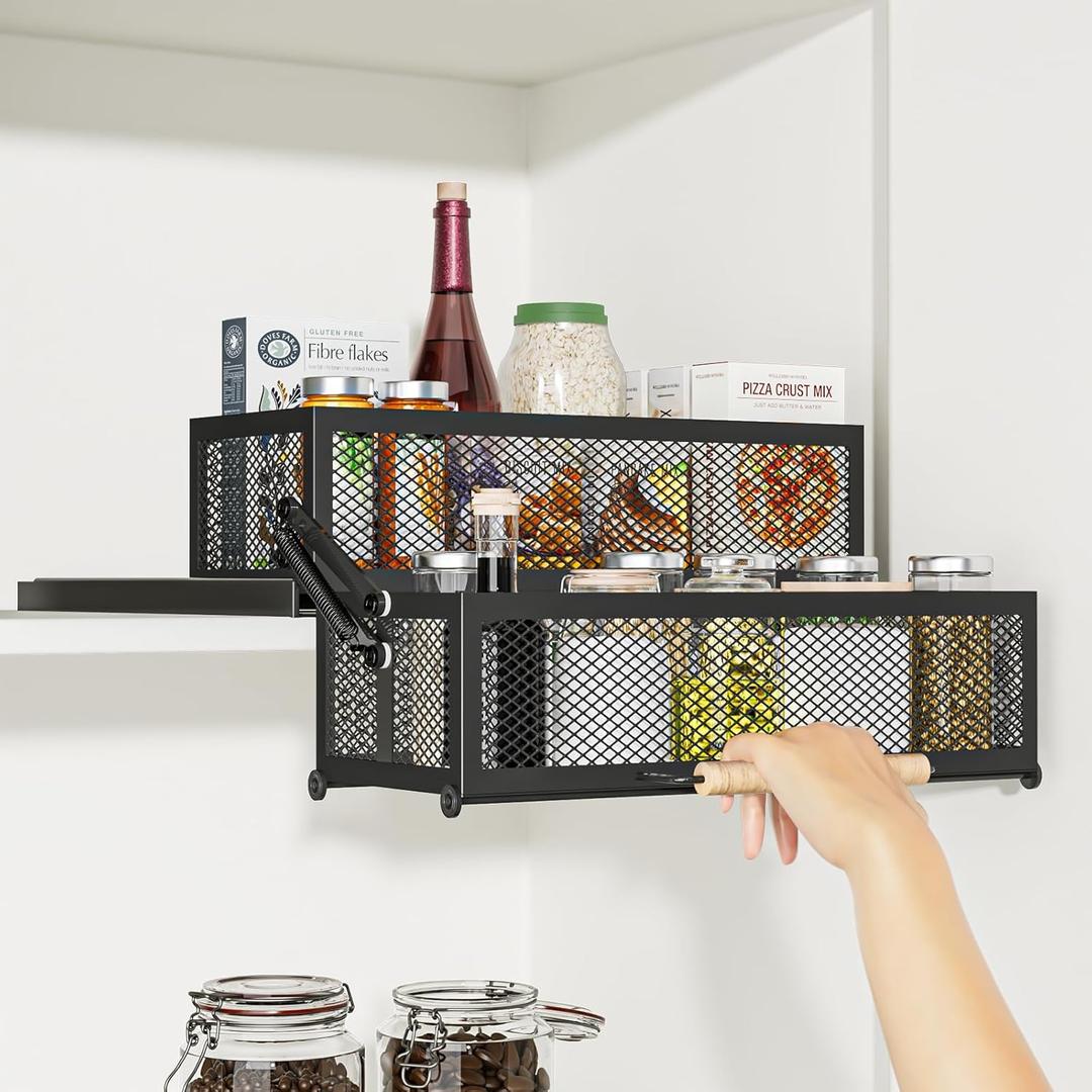 HOUSE AGAIN 2 Tier Pull Out & Down Cabinet Organizer, Drop Down Spice Rack Shelf Easy Reach for Upper Kitchen Cabinet, Slide Out Storage Basket Drawer with Handle for Pantry/Cupboard/Office, 2 Fix Mode