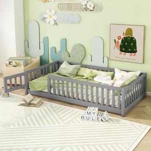 Bellemave Twin Floor Bed with Slats and Safety Guardrails, Kids Montessori Floor Beds with Fence and Door, Easy Assemble Floor Bed for Kids, Girls, Boys, Gray