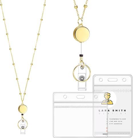 Lanyards for Id Badges Stainless Steel Badge Lanyard with 2 Pcs Waterproof Badge Holder Retractable Badge Lanyards Teacher Lanyard for Cruise Ship Key Cards Id Badges (Gold)