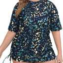 Halcurt Women's Plus Size Short Sleeve Rash Guard Swim Shirt Tie Drawstring UPF50+ Sun Protection Swimsuit Top Colorful Leopard 4XL