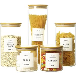 5 Pcs Glass Food Storage Containers With 132 Pantry Labels Preprinted - Thicken(3mm) Jars Airtight Bamboo Lid Stackable Kitchen Canisters Set For Candy, Cookie, Rice, Sugar, Flour