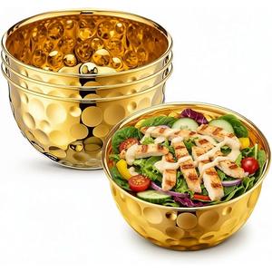 Acellegic 3 Pack Gold Metal Salad Bowls 6.8 Inch Stainless Steel Hammered Salad Mixing Bowls for Kitchen Cooking Fruit Soup Snacks Cereal Dessert Party Decorative