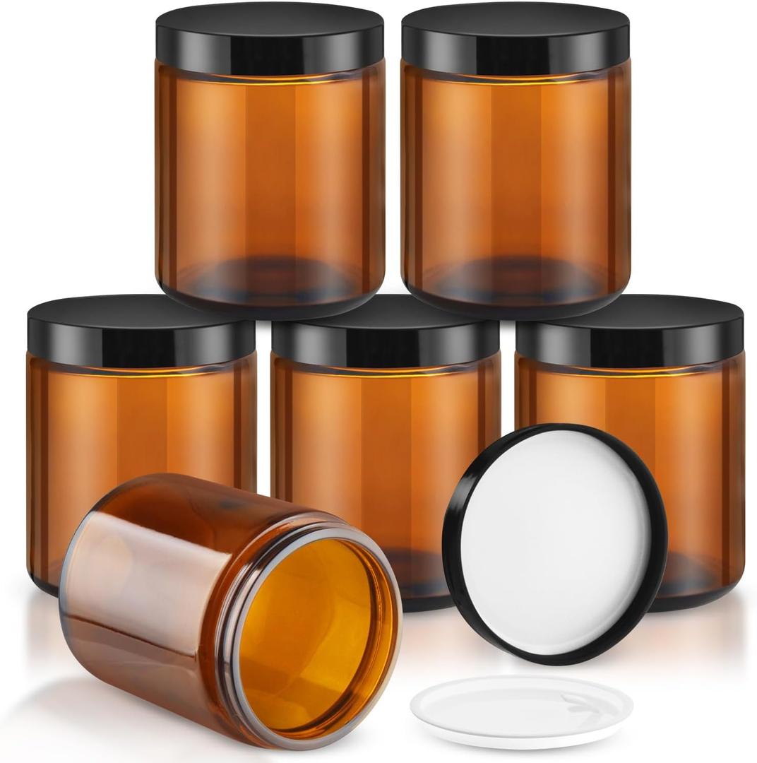 8oz Glass Jar - 6 Pack Empty Thick Round Glass jar with Plastic Lids,Refillable Wide Mouth Storage Containers for Spice,Lotion,Body Butter,Salves Ointments,Candle Making (Amber)