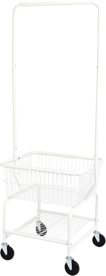 Amazon Basics Rectangular Laundry Hamper Basket Butler Cart with Wheels and Hanging Rack, Sturdy Metal, 71.1 inches Height, White