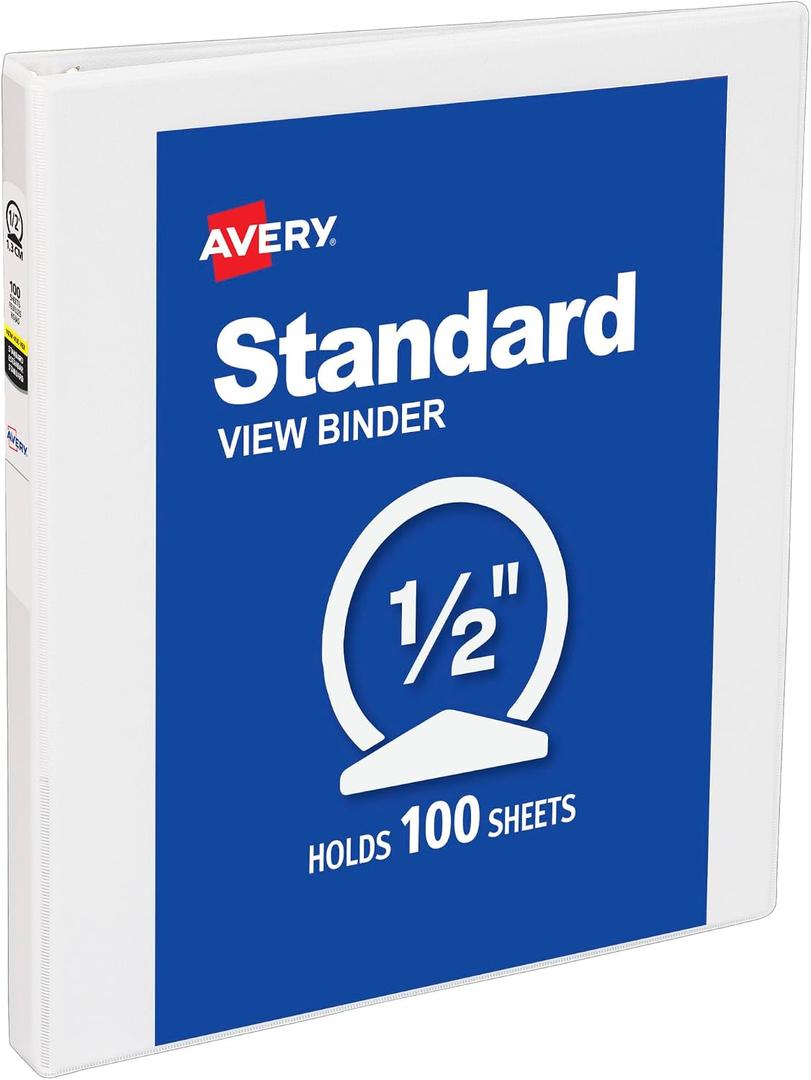 Avery Standard View 3 Ring Binder, 0.5" Round Rings, 100-Sheet Capacity, 0.7 Inch Wide Spine, 1 White Binder, Ideal for Lightweight Organization and Occasional Referencing (05706)