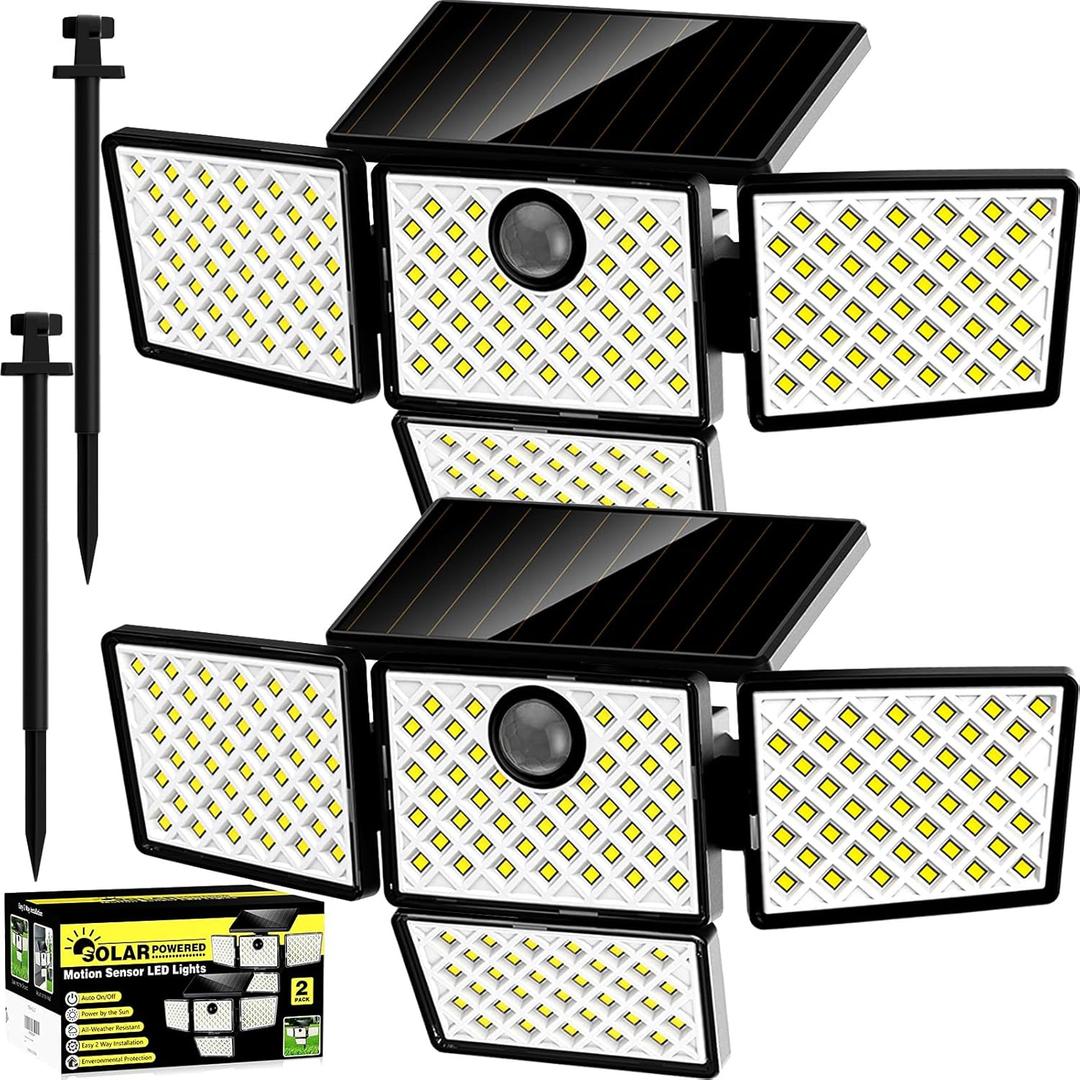 AmeriTop Luces solares para exteriores, luces de seguridad con sensor de movimiento de 4 cabezales, luces de pared de inundacin gran angular, luz de pared resistente a la intemperie para camino de (6500k)