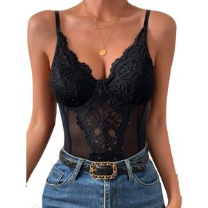 Milumia Women Lace Bodysuits Sheer Mesh Shapewear Bustier Tops Corsets Trendy Going Out Cami Tanks Black Large