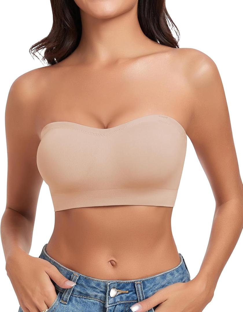 WOWENY Women's Strapless Bra Non-Slip Silicone Wireless Bandeau Bras with Support Seamless Padded Bralette Tube Top Bra (Large, Beige)