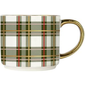 Sweet Water Decor Green Plaid Coffee Mug, 14oz China Christmas Mug with Gold Handle, Large Holiday Winter Cup for Coffee, Tea & Hot Chocolate, Stocking Stuffer Gifts for Women