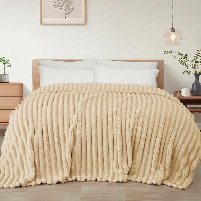 Exclusivo Mezcla California King Size Flannel Fleece Blanket, Super Soft Striped Jacquard Bed Oversized Blanket, Lightweight Fuzzy Cozy for All Seasons, 120x120 Inches, Beige