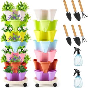 Umigy 2 Set of 7 Tier Vertical Planter Stackable Tower Planters Strawberry Herb Flower and Vegetable Pots Indoor Outdoor Gardening Pots with Removable Wheels and Tools(Macaron)