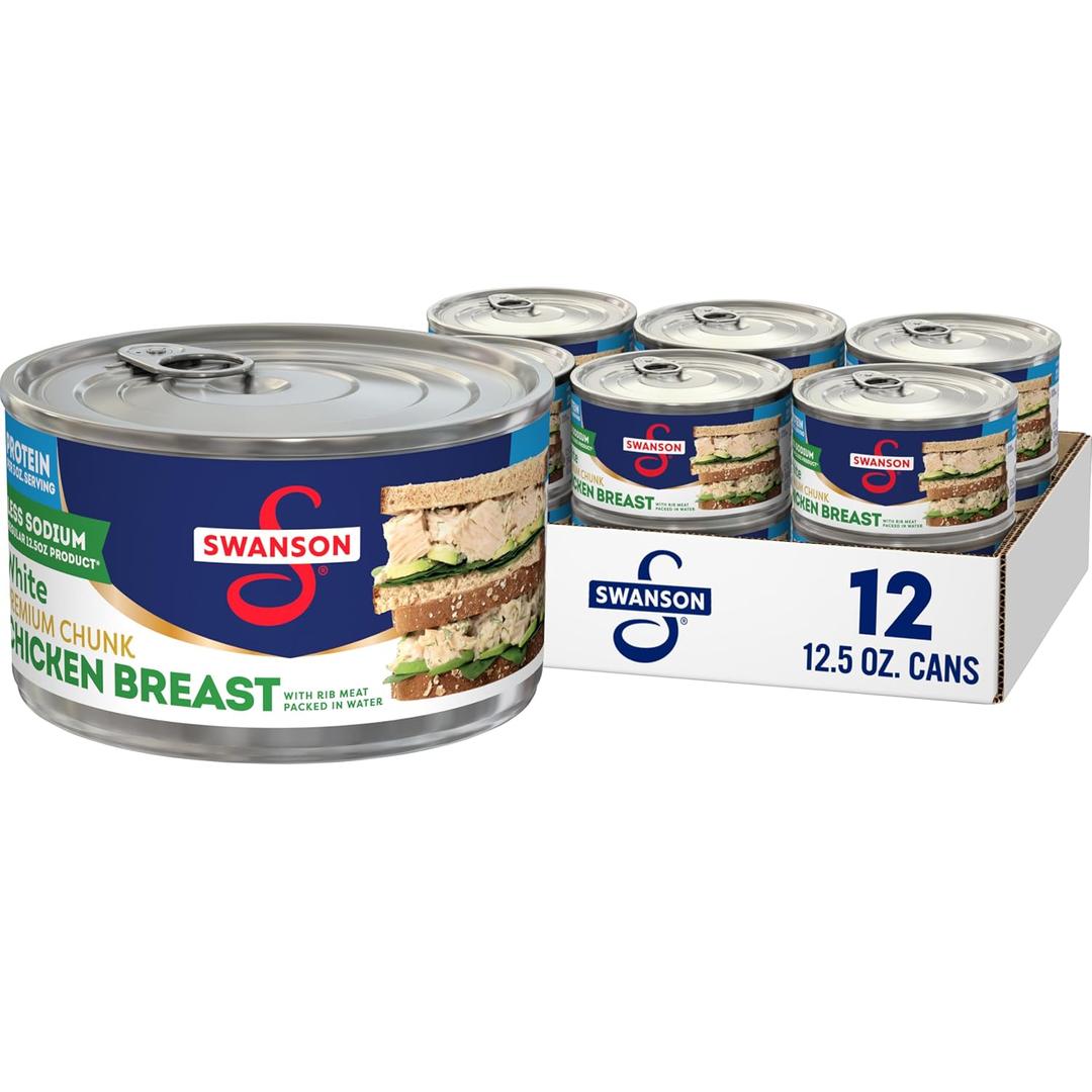 Swanson 25% Less Sodium White Premium Chunk Canned Chicken Breast in Water, 12.5 OZ Can (Case of 12) (EXP 02/13/28)
