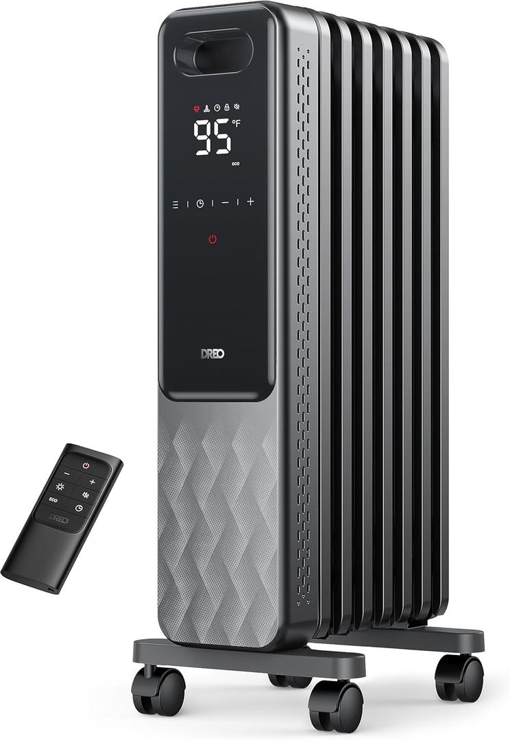 DREO Oil Filled Radiator, Electric Radiant Heaters for indoor use Large Room with Remote Control, Child Lock, 4 Modes, Overheat & Tip-Over Protection, 24h Timer, Digital Thermostat, Quiet, 1500W (Space Grey)