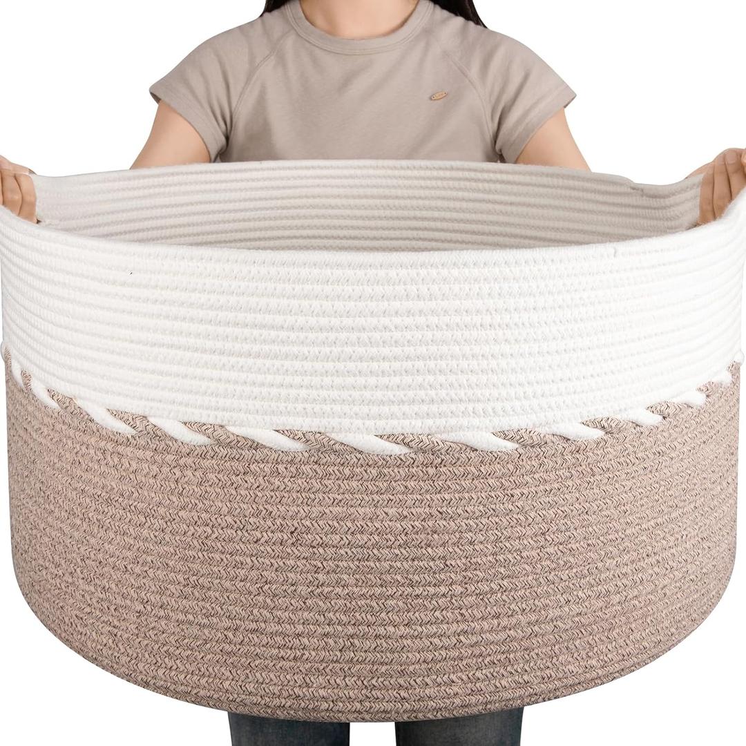 OIAHOMY 87L Extra Large Blanket Basket, 23" x 13", Jumbo Laundry Hamper, Cotton Rope Basket with Handles for Living Room,Baby Toy Storage Bins, Brown
