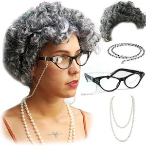 Vibe Old Lady wig Costume Set, Gray Hair Granny Wig with pearl necklace, glasses, glass chain Accessories, 5 pieces total (Gray Curly)