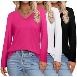XIEERDUO Womens Long Sleeve Shirts-Fall Tops Basic Tshirts Loose Fit V Neck 3 Packs XL