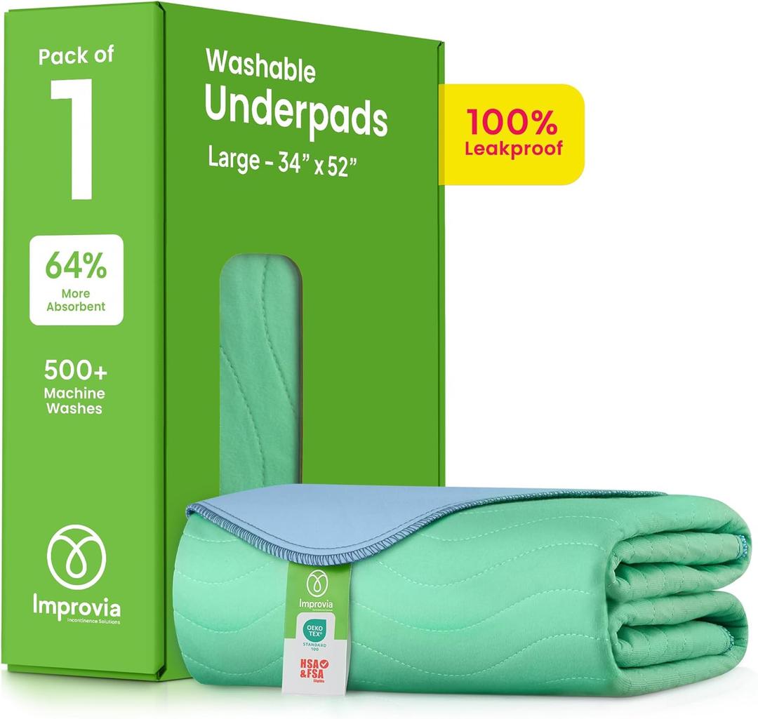 IMPROVIA Washable Underpads, 34" x 52" (1 Pack) - Heavy Absorbency Reusable Incontinence Pads for Kids, Adults, Elderly, and Pets - Waterproof Protective Pad for Bed, Couch, Sofa, Furniture, Floor (Green)