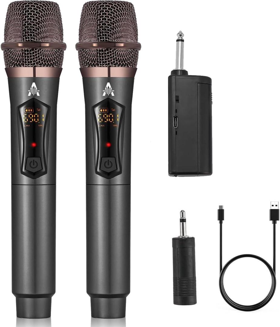 ALPOWL Wireless Microphones, Metal Dynamic Microphone System with Rechargeable Receiver, 50H Duration, 200ft Range, Microphone for Karaoke Singing, Wedding, DJ, Party, Speech, Church (Gray)