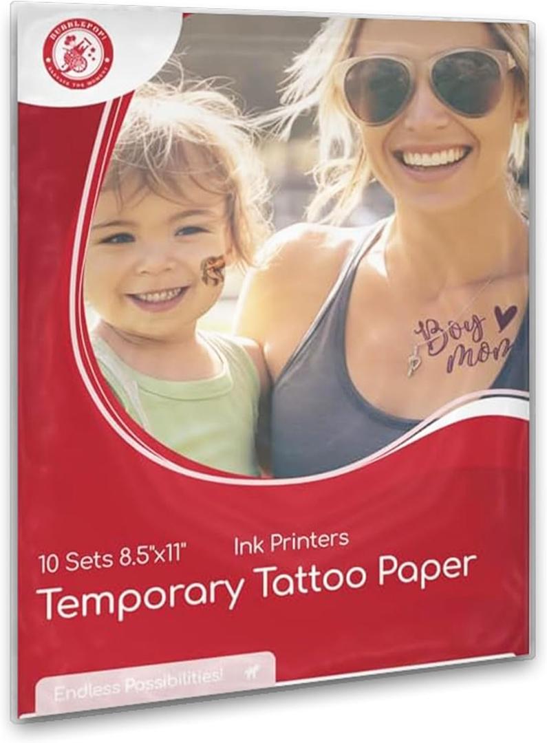 Temporary Tattoo Paper for INKJET, Temporary Tattoo Paper for Personalized Temporary Tattoos, Skin-Safe and Water-Resistant, 8.5x11 Sheets, 10-Set (10 Sets)