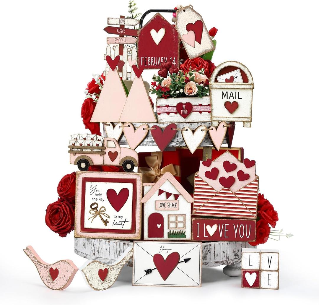 Maitys 21 Pcs Valentine's Day Tiered Tray Decor Set Valentines Heart Rose Arrow Romantic Wood Sign Rustic Farmhouse Sweet Wooden Tabletop Sign Tray Centerpieces for Valentine Day Party Favor Gifts
