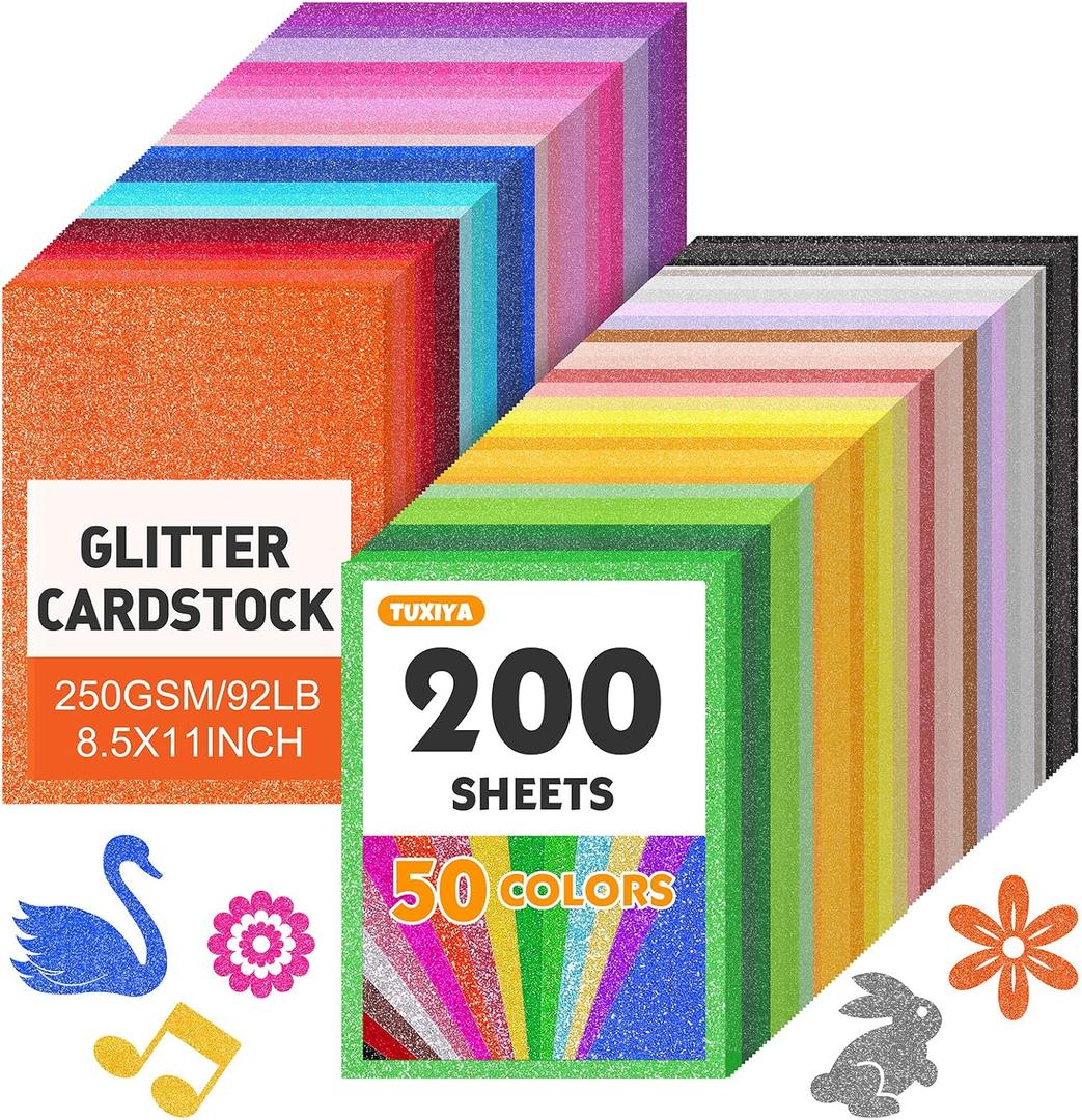 TUXIYA 200 Sheets 8.5" X 11" Glitter Cardstock,50 Assorted Colors 250GSM/92LB Glitter Cardstock,No-Shed Sparkly Glitter Paper for Arts and Crafts, Decorative, Card Making, Scrapbooking, DIY Projects