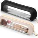 Small Double Sided Clear Makeup Bag, PU Leather Waterproof Makeup Brush Bag, Portable Travel Mini Cosmetic Bag with Zipper for Women Home Travel Office Cosmetic Storage (Black, Apricot)