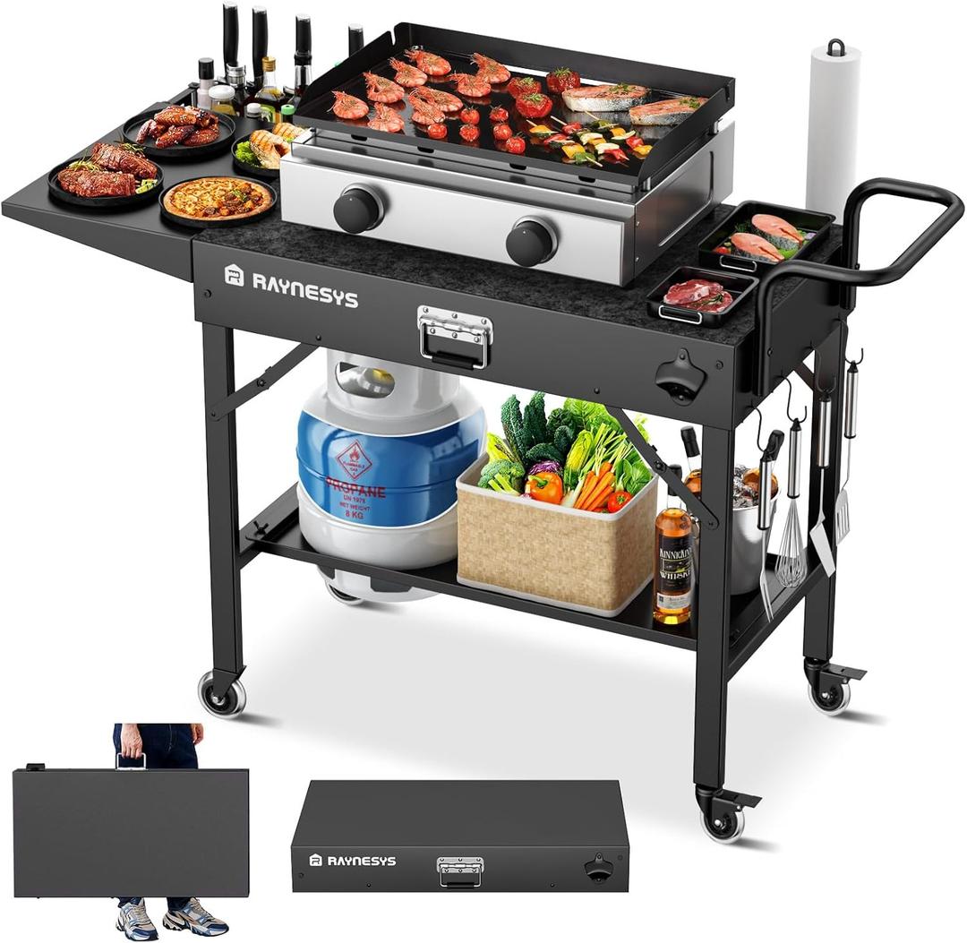 Raynesys Outdoor Grill Table, Blackstone Griddle Stand, 470lbs Folding Grill Cart, Pizza Oven Table Stand for Onni, Food Preparation Table with Wheels, 31" W x 17" D (Black)
