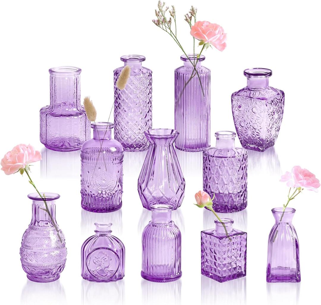 Violet Purple Glass Bud Vases in Bulk 12, Small Vintage Textured Flower Vases for Wedding Centerpieces, Baby Shower, Party Event, Decorative Mini Vase Bottles Set for Flower, Home Table Decor