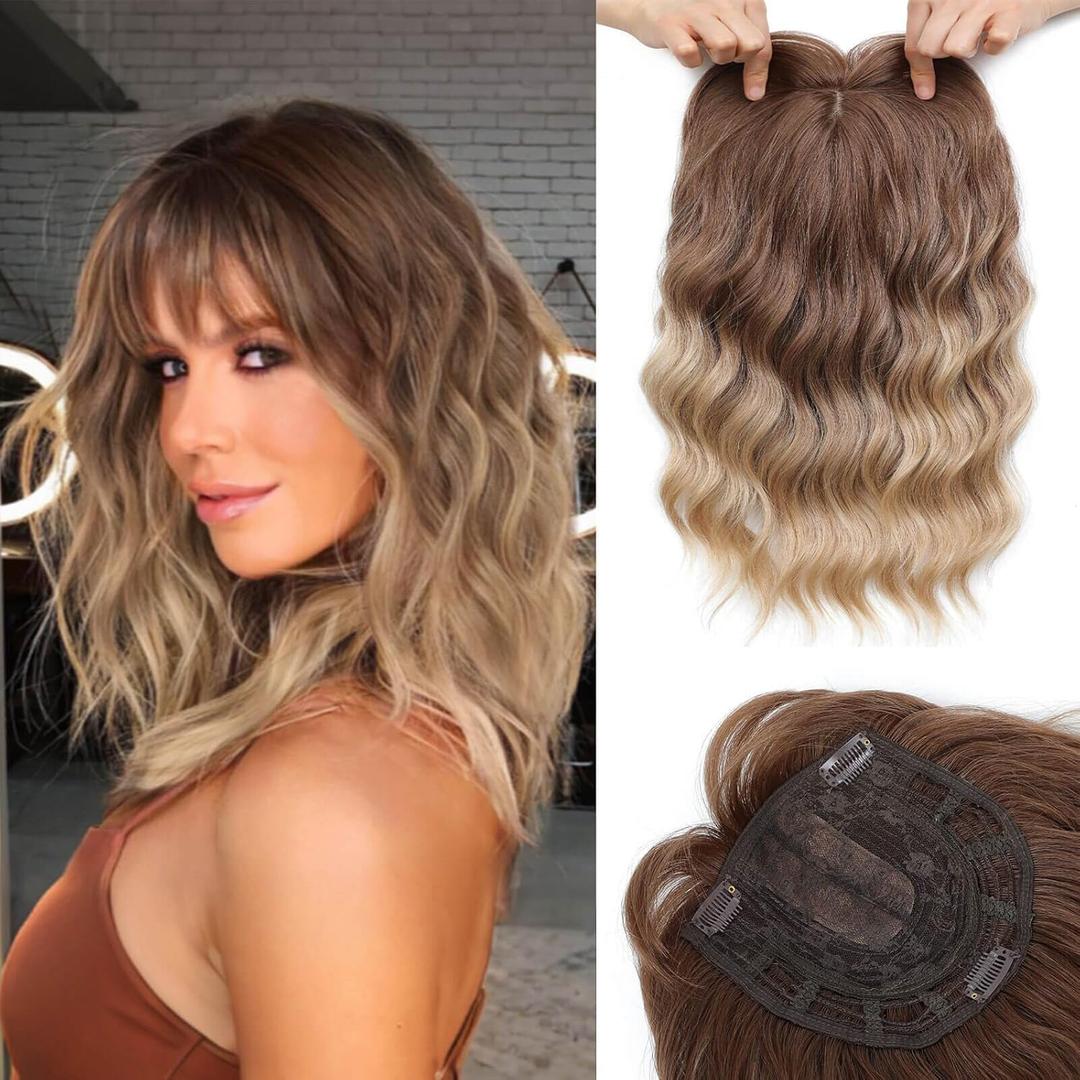 Hair Toppers for Women, 14inch Ombre Brown to Blonde Curly Hair Topper with 7"x7" Large Base Short Hair Toppers Hair Pieces for Women with Thinning Hair for Party Daily Wear