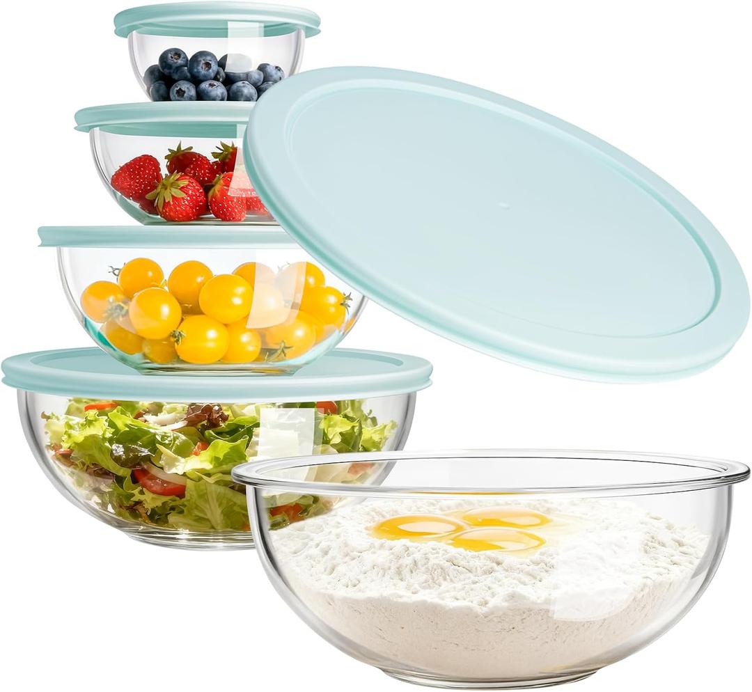 Luvan Glass Mixing Bowl with Lids Set of 5(0.2QT, 0.5QT, 1.1QT, 2.1QT, 3.75 QT), Space-Saving Nesting Bowls Anti-slip Salad Bowls for Storage, Cooking, Microwave,Freezer,Oven and Dishwasher Safe (Minty Blue)