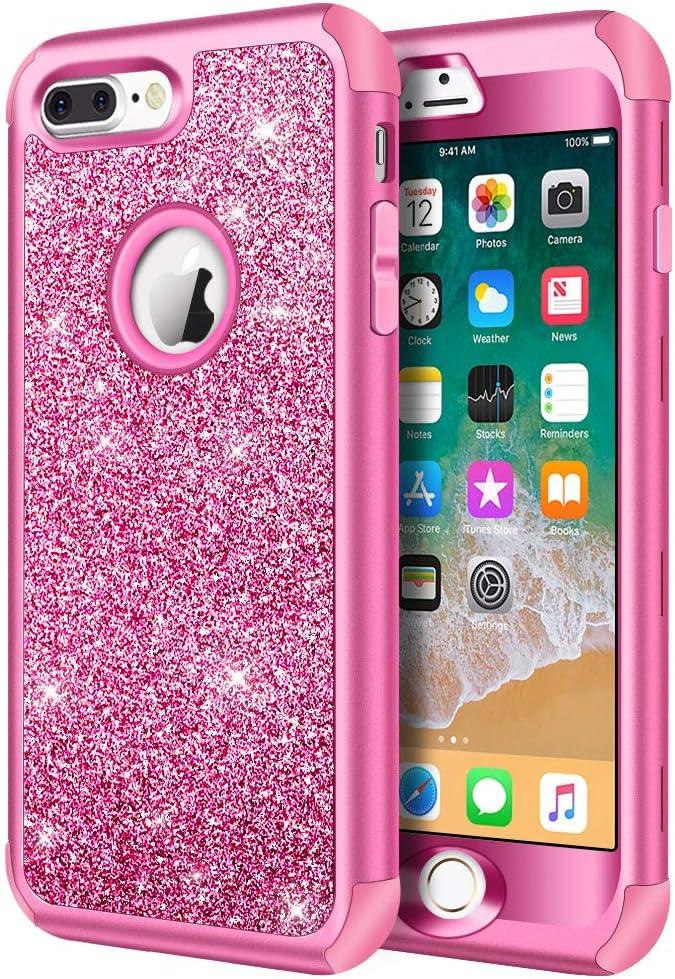 Hython Designed for iPhone 8 Plus, iPhone 7 Plus Case, Heavy Duty Defender Protective Bling Glitter Sparkle Hard Shell Hybrid Shockproof Rubber Bumper Cover for 7 Plus and 8 Plus, Rose Red
